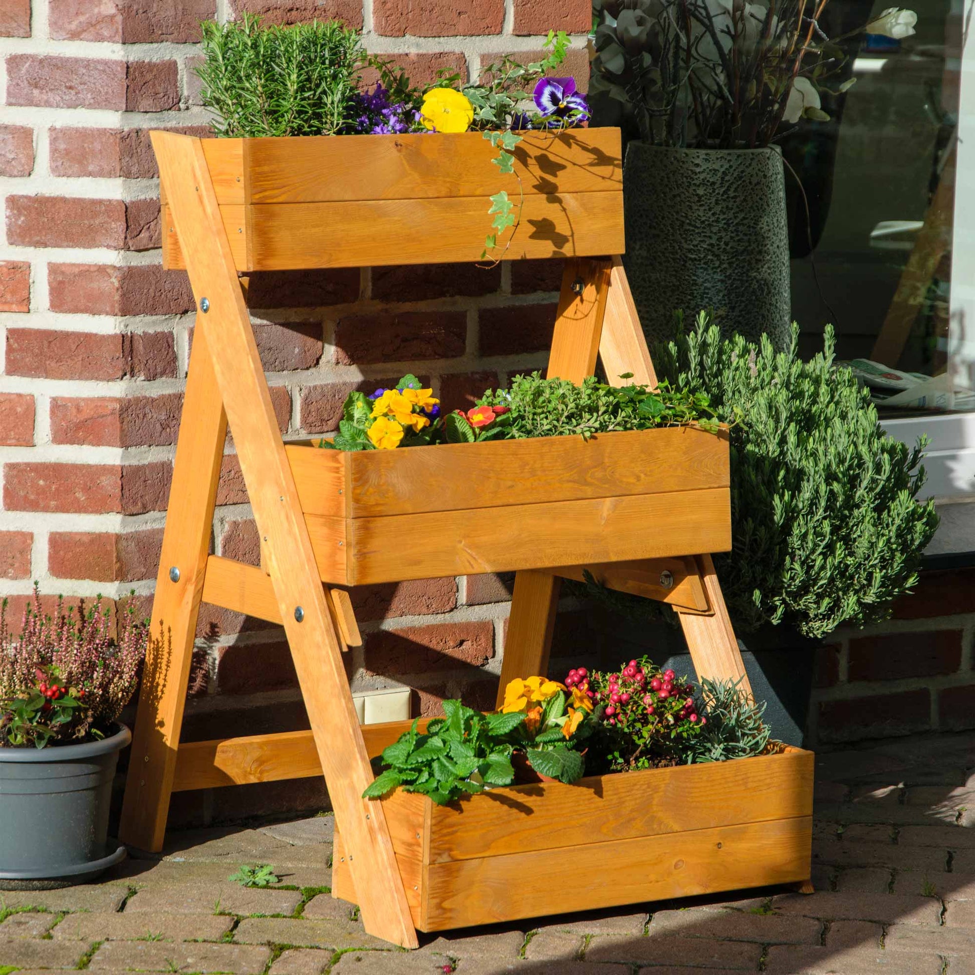 Dobar Hochbeet Pflanztreppe – 70 × 90 × 70 cm – Kiefernholz & Kunststoff, Braun