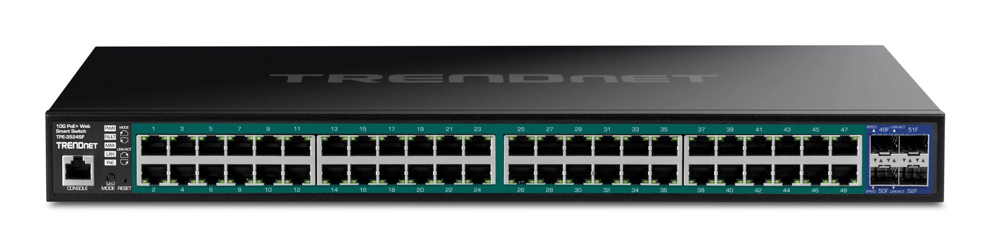 Trendnet TPE-3524SF – Managed L2+ Switch – 48× 1G, 4× SFP+, PoE+, PoE-Budget 740 W, 19", 1U