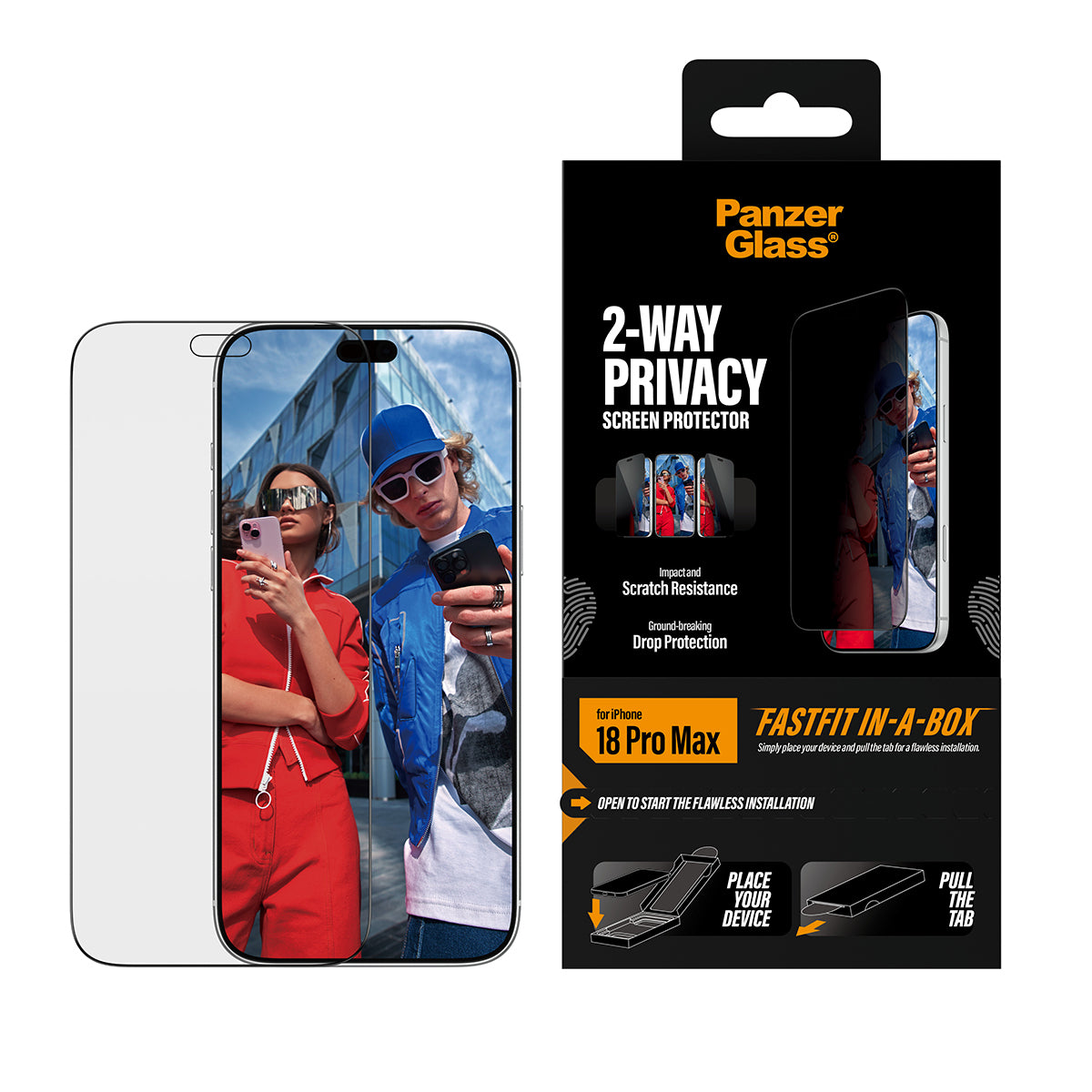 PanzerGlass Privacy-Filter (Folie), Ultra-Wide Fit – für iPhone 18 Pro Max – mit Applikator