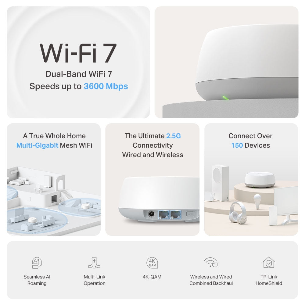 TP-Link Deco BE25 – Mesh-System, Wi-Fi 7, Dual-Band (2,4/5 GHz), bis 2882 Mbit/s, 2x RJ-45, weiss
