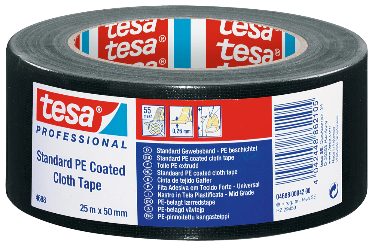 TESA 4688 Gewebeband – 50 mm × 25 m, schwarz, Naturkautschuk, permanent, 1 Stück
