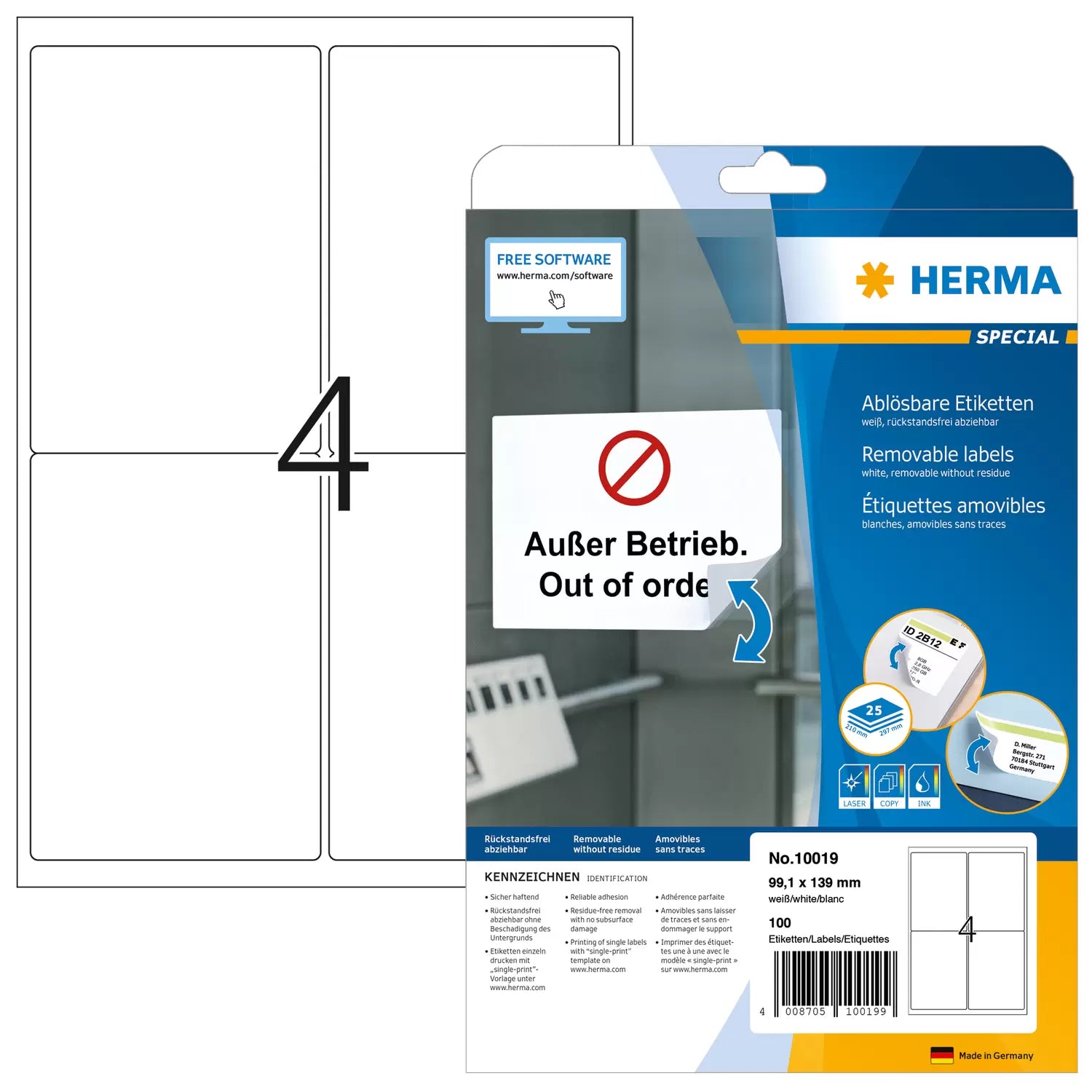 HERMA Adressetiketten, 99 mm × 139 mm, weiss, Papier, wiederablösbar, 25 Blätter (100 Etiketten)
