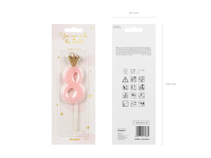 PartyDeco Geburtstagskerzen Zahl 8 – Rosa – 9,5 cm – 1 Stück