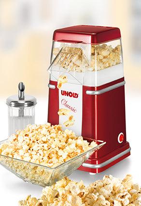 Unold Popcornmaker Classic 48525 – 100 g, 900 W – rot/silber/weiss