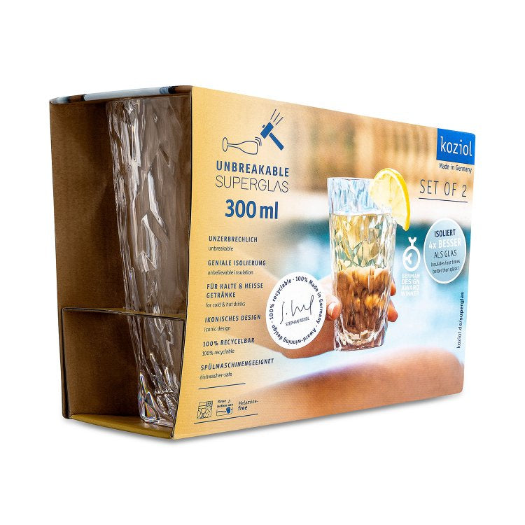 Koziol Trinkglas – 2er Set, 300 ml, Ø 8,7 cm, H 14,1 cm, Kunststoff, Transparent, spülmaschinenfest, bruchfest
