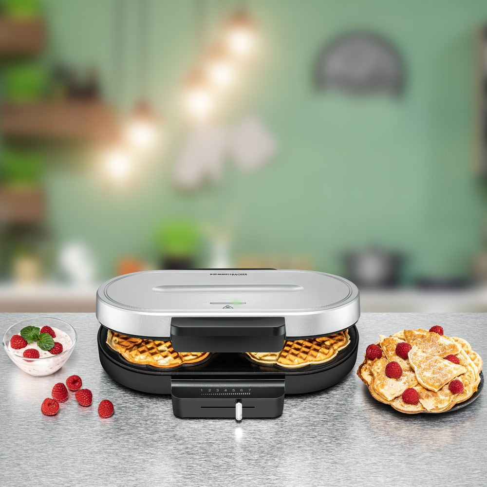 Rommelsbacher Waffeleisen WA 1250 – 2 Waffeln, Herzform, 1,6 cm Backfläche, 1250 W – Silber/Schwarz