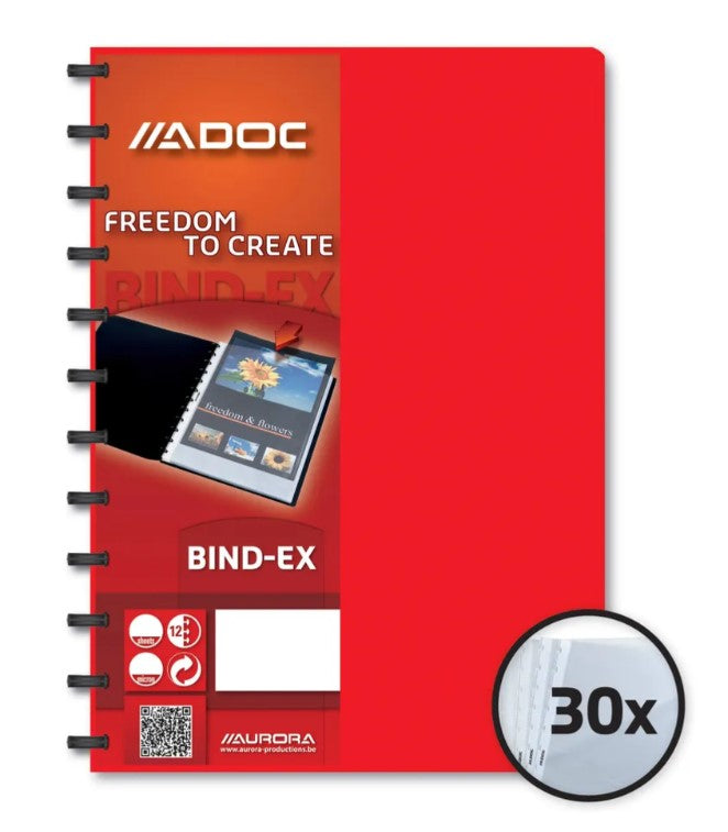 Adoc Bind-Ex Aurora Sichtbuch – 30 Sichttaschen, A4, austauschbar, genarbt, antireflex, rot, Kunststoff