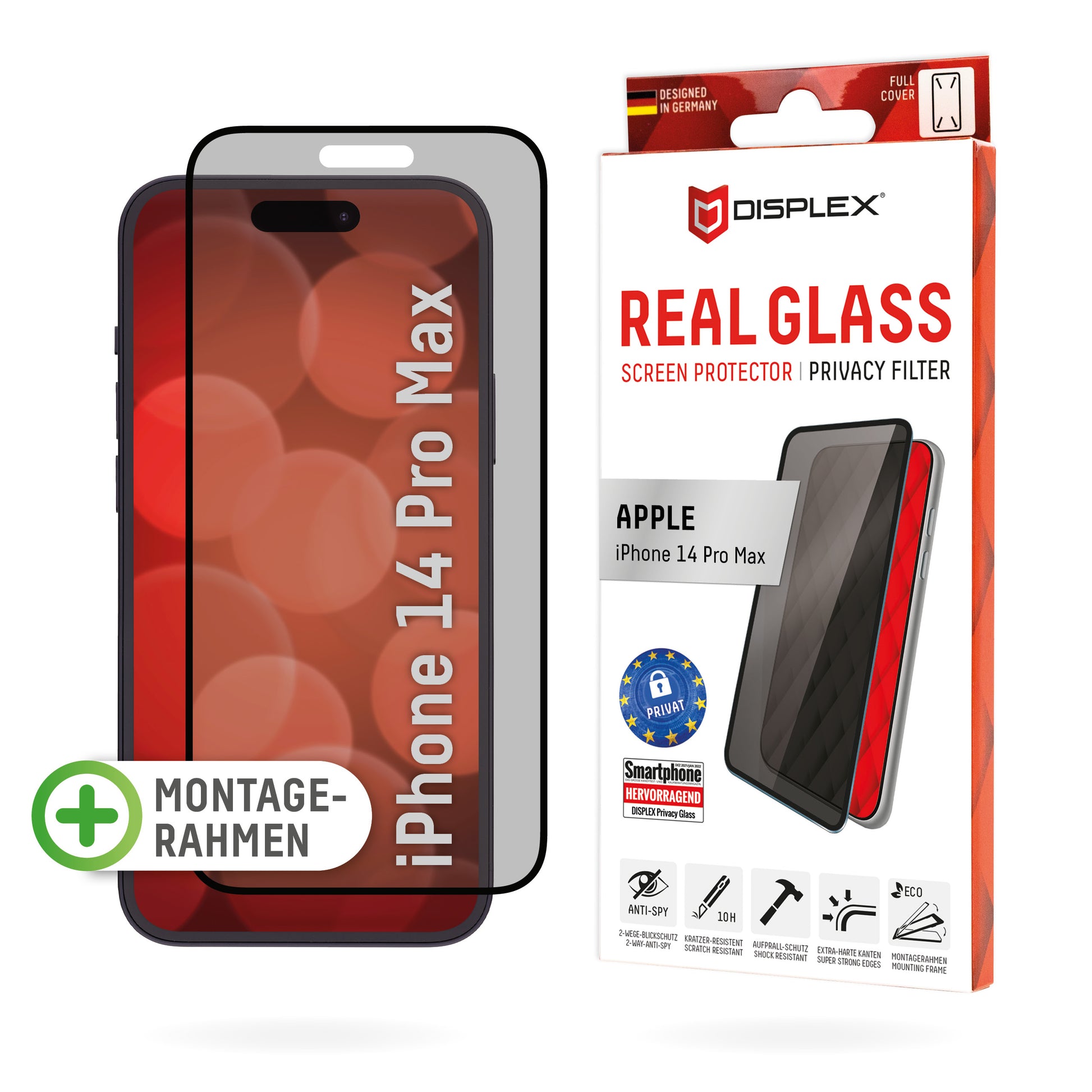Displex Privacy-Filter (Panzerglas), Full Cover – für iPhone 14 Pro Max – mit Applikator