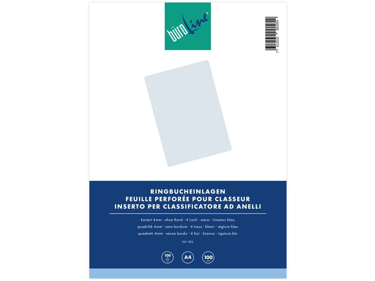 Buroline Büroline Ringbucheinlagen – A4 – kariert 4 mm – 100 g/m² – 100 Blatt