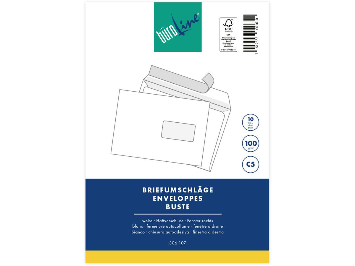 Buroline Couvert C5, Fenster rechts, selbstklebend, weiss, 100 g/m² – Buroline – 10 Stk.
