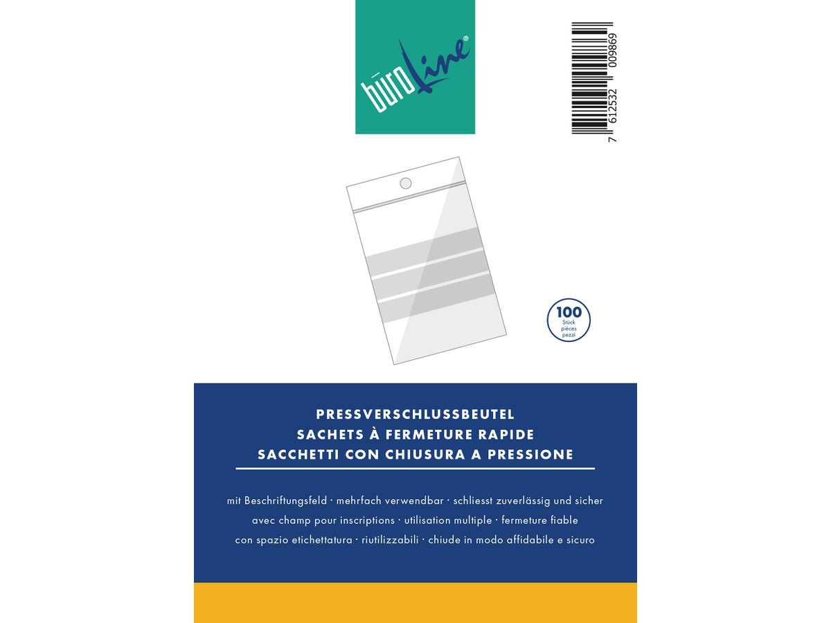 Buroline Druckverschlussbeutel – 75 × 90 mm, PE, transparent, mit Beschriftungsfeld – 100 Stk.
