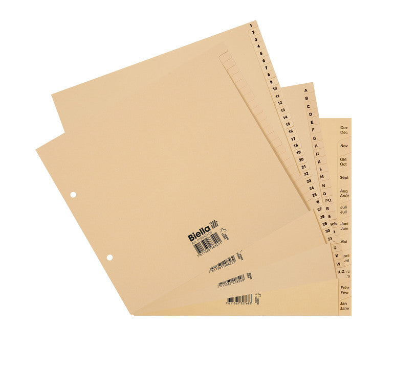 Biella Register – A4, 24-teilig, Papier, gelb, unbedruckt, 11-fach gelocht