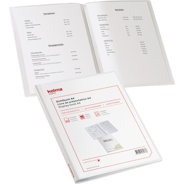 Kolma Sichtbuch Vario – 20 Sichttaschen, A4, mit Fronttasche, glatt, glänzend, weiss, Kunststoff