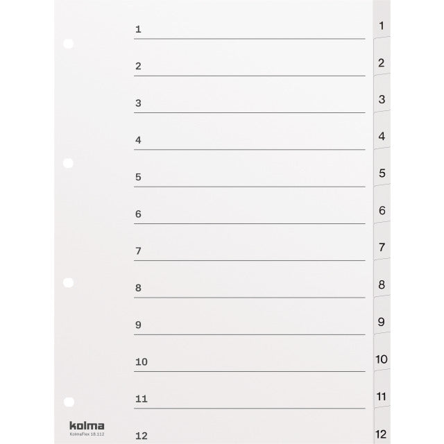 Kolma Register – A4, 12-teilig, PP, weiss, vorgedruckt, mit Indexblatt, 4-fach Lochung