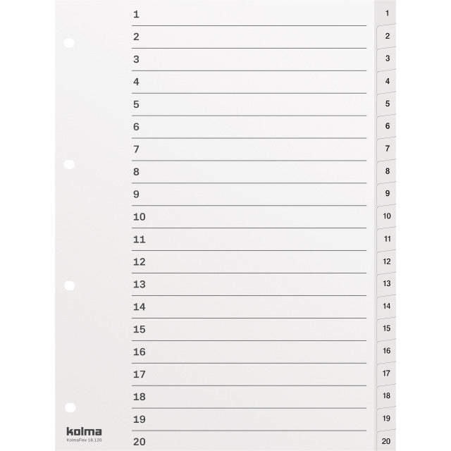 KolmaFlex Register – A4, 20-teilig, PP, weiss, vorgedruckt, 4-fach Lochung, mit Indexblatt