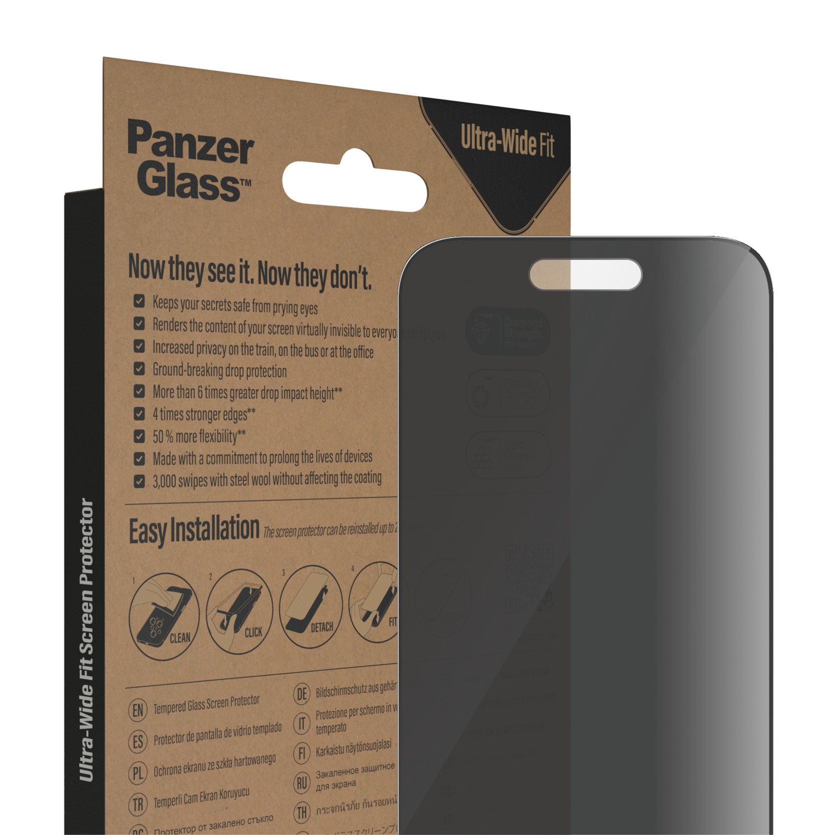 PanzerGlass Privacy-Filter (Panzerglas), Ultra-Wide Fit – für iPhone 14 Pro – mit Applikator