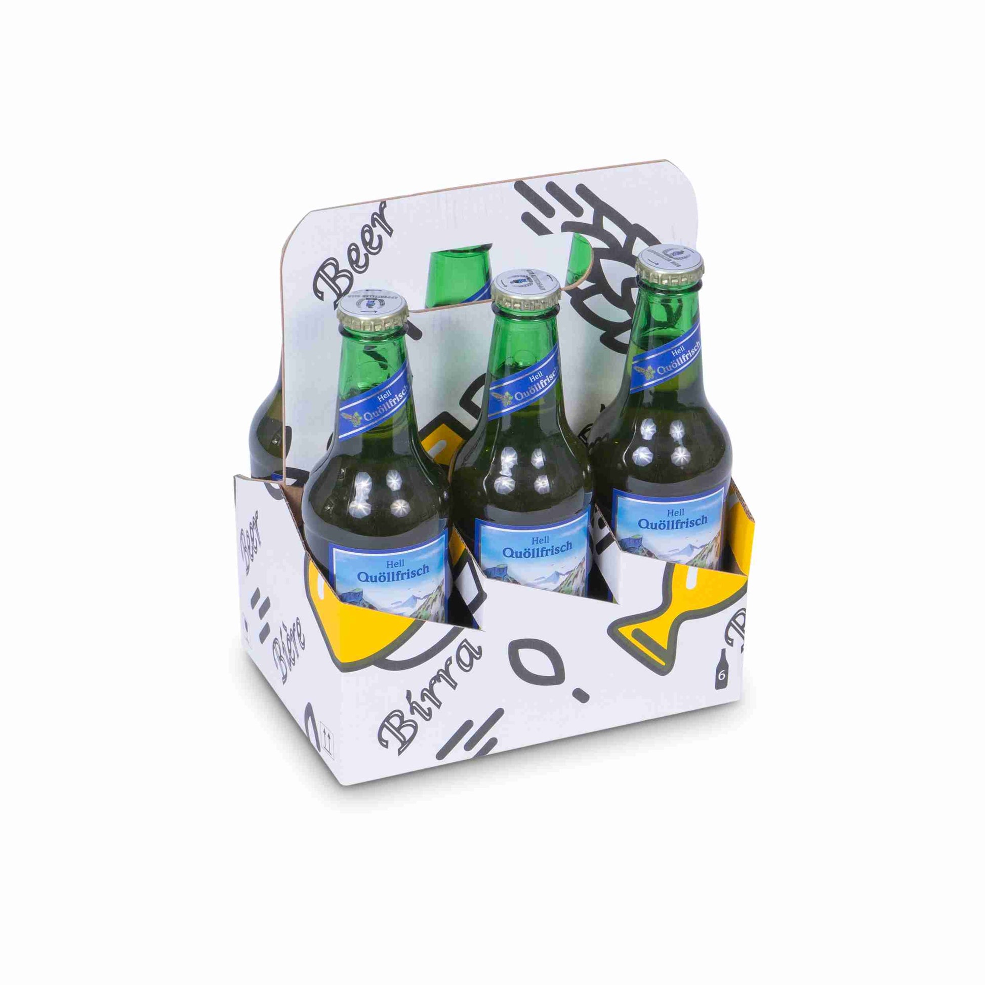 Model Bierträger aus Wellpappe – Innenmass 183 × 186 × 123 mm – für 6 × 0,33 l Flaschen – 1 Palette (2'200 Stk.)
