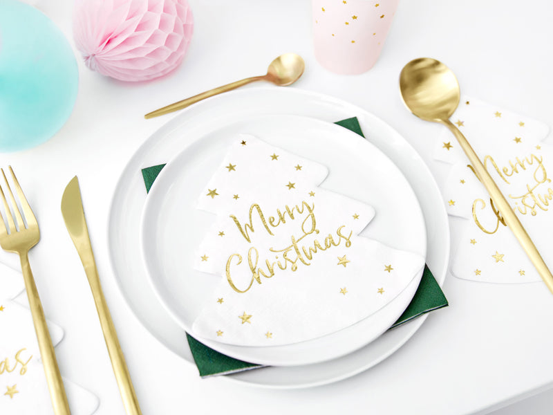 PartyDeco Servietten Weihnachtsbaum – gold/weiss – 16 × 16,5 cm – 20 Stück