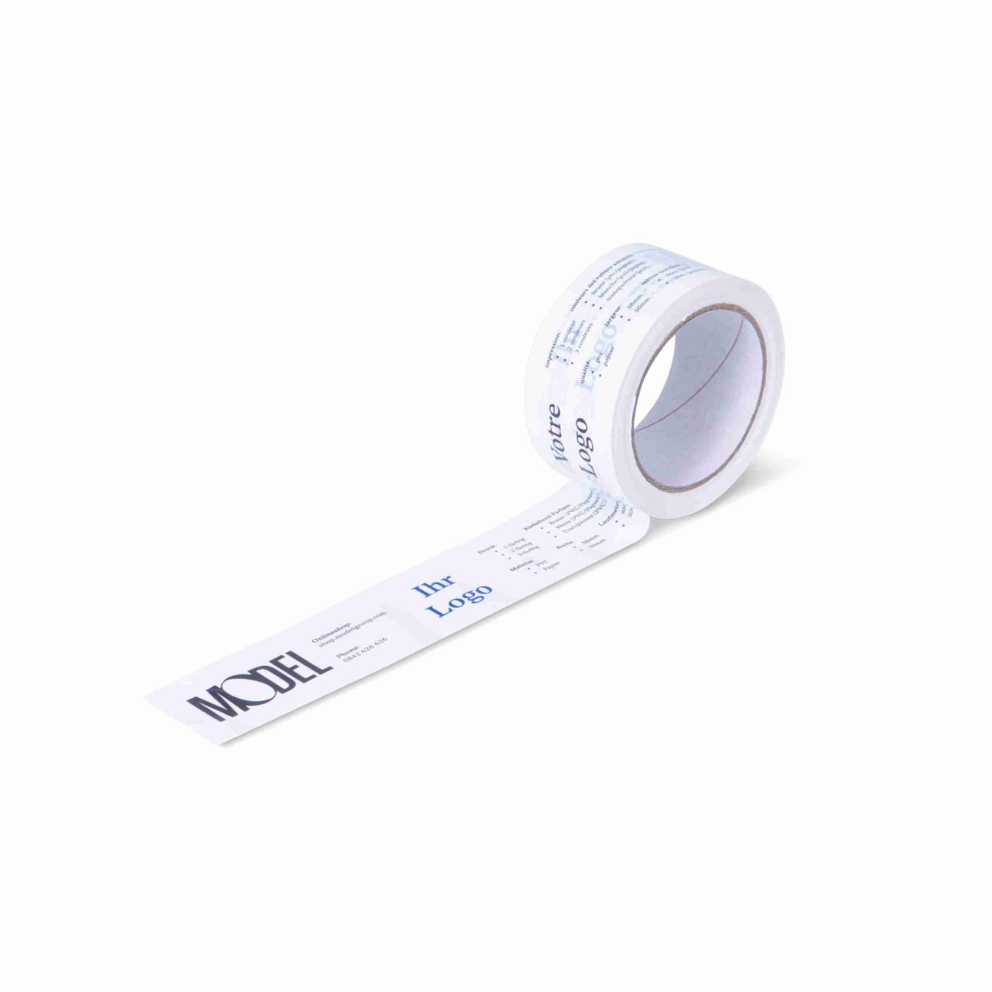 Verpackungsklebeband, PVC, weiss, 2-farbig bedruckt – 50 mm × 66 m – 1 Stk., ab 72 Stk.