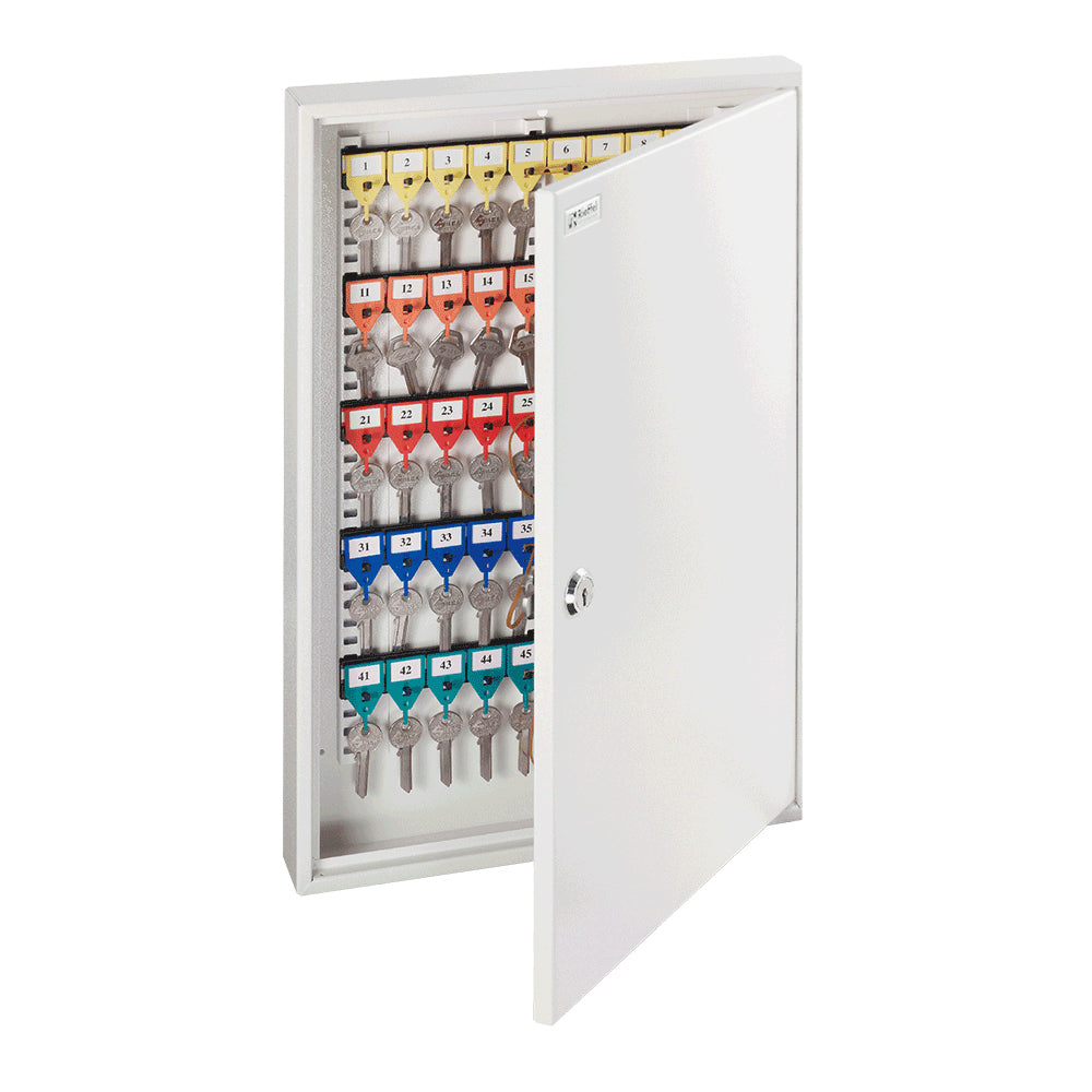 Rieffel Schlüsselkasten KyStor Econom, 100 Haken, Zylinderschloss, Stahl, Weiss – B 380 × H 550 × T 65 mm