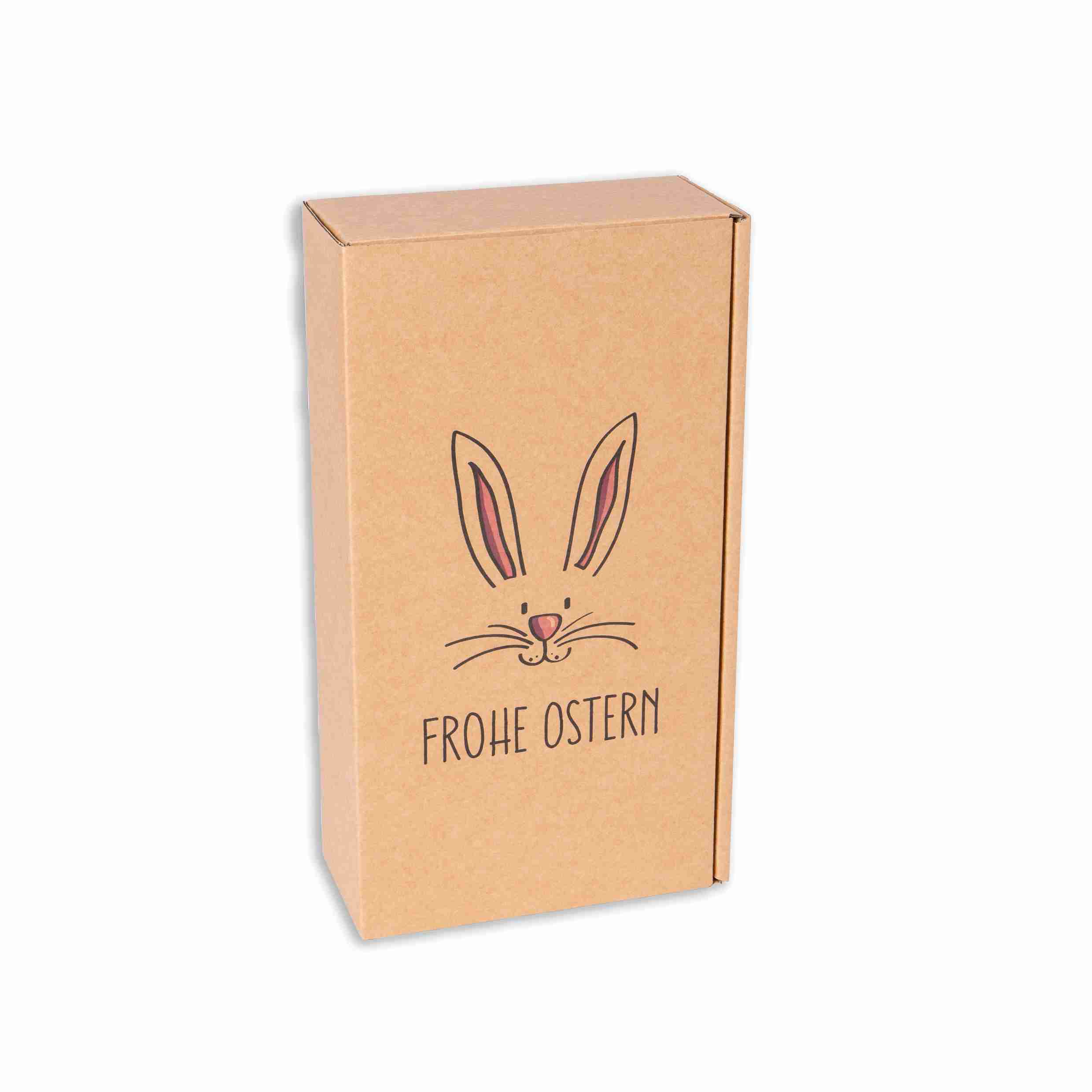 Weinpräsentkarton Osterhasen, Wellpappe braun – Innenmass 180 × 360 × 90 mm – für 2 Flaschen – 1 Stk., ab 200 Stk.