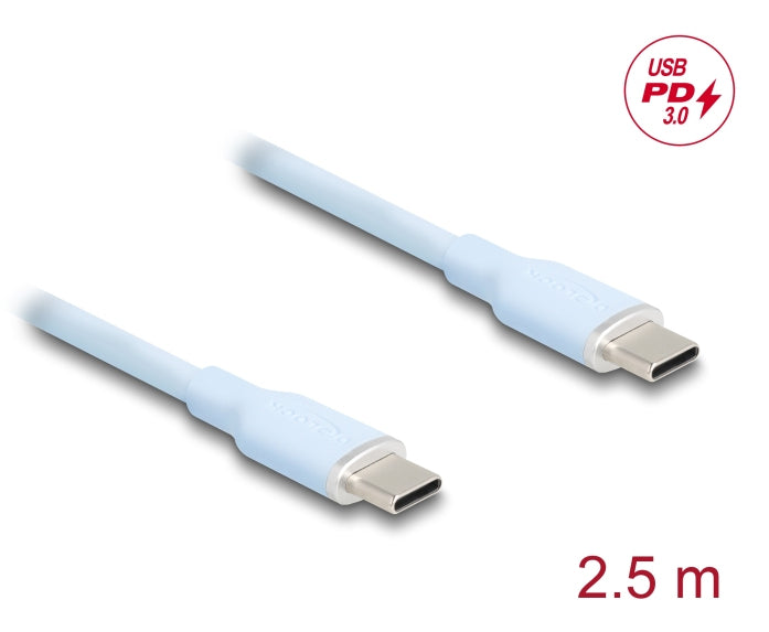DeLOCK USB-C auf USB-C Kabel – USB 2.0 (480 Mbit/s) – 2,5 m – PD 60 W – Silikon, Goldstecker – Blau