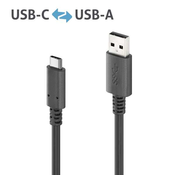 PureLink USB-A auf USB-C Kabel – USB 3.2 Gen 1 (5 Gbit/s) – 1,8 m – PD 15 W – Goldstecker, PVC – Schwarz