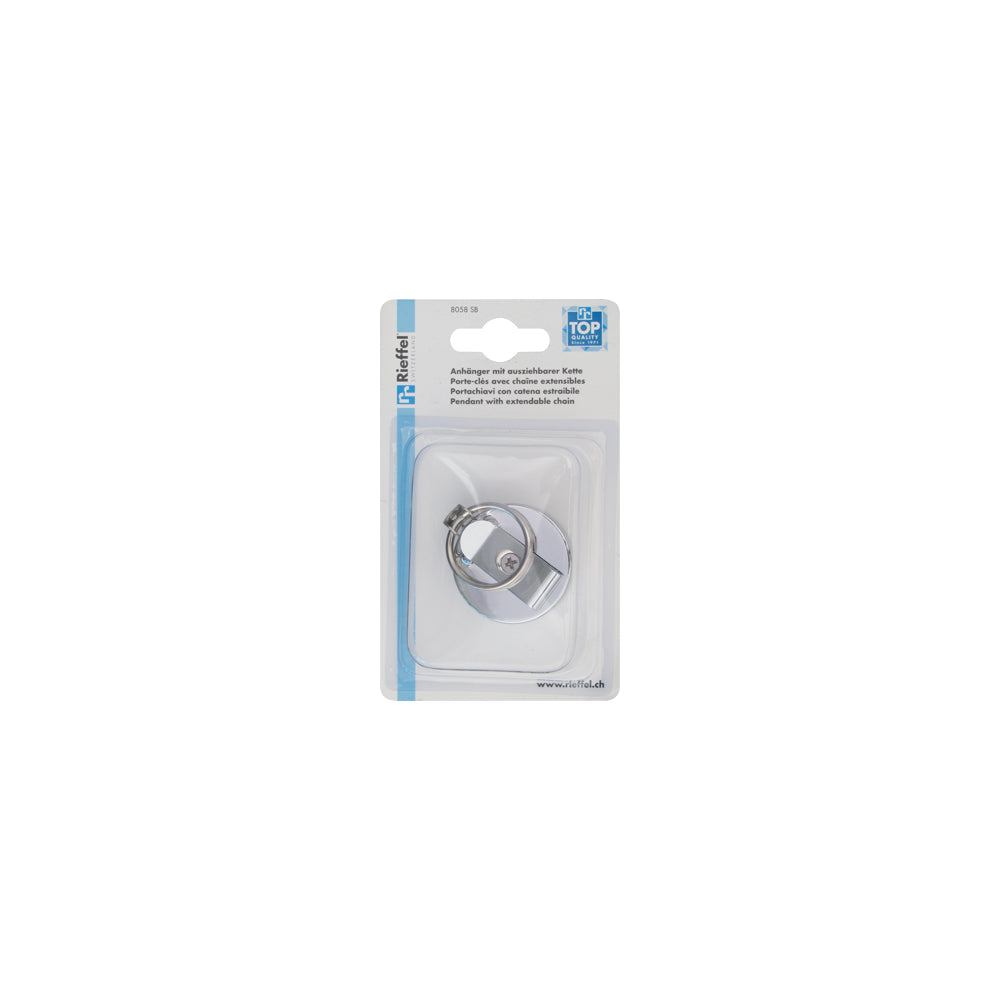 Rieffel Schlüsselanhänger KyStor A20991 – ausziehbare Kette, Befestigungsklammer, Metall, Silber, Ø 43 mm