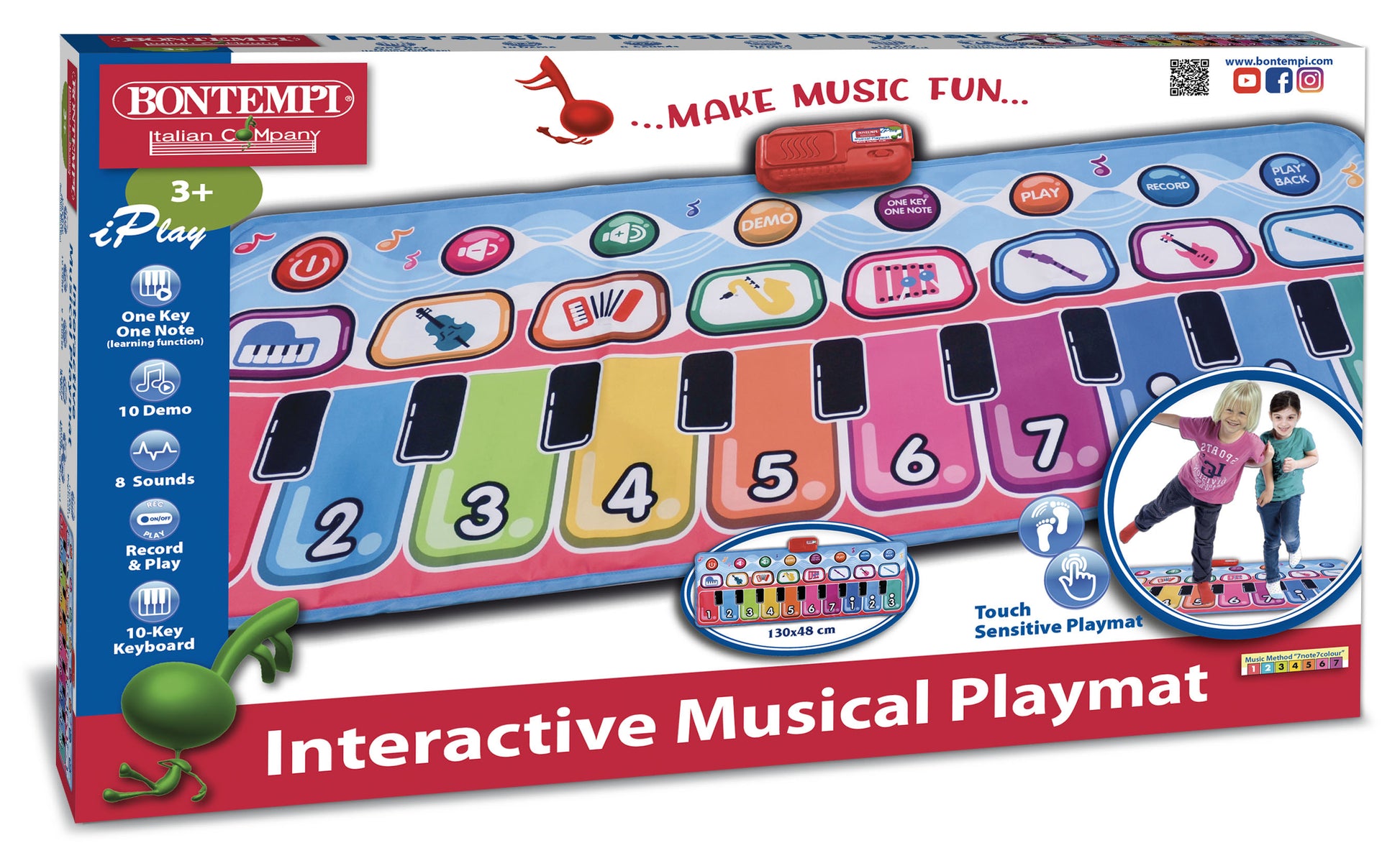 Bontempi Interaktive Musikspielmatte – 130 × 48 cm – 8 Melodien, Audioaufzeichnung – ab 3 J. – mehrfarbig