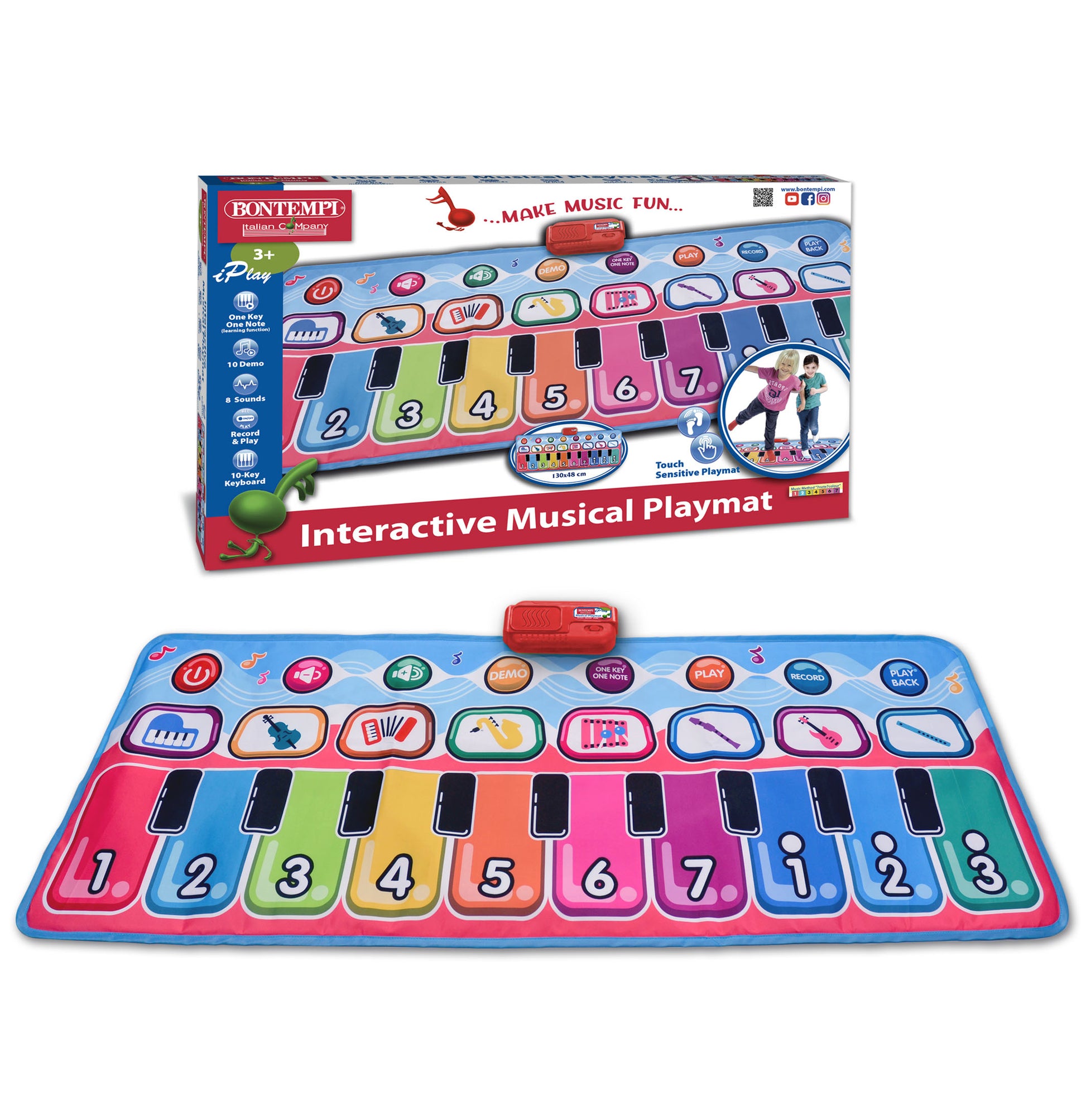 Bontempi Interaktive Musikspielmatte – 130 × 48 cm – 8 Melodien, Audioaufzeichnung – ab 3 J. – mehrfarbig