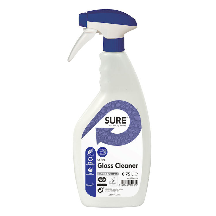 Diversey SURE Glas-/Oberflächenreiniger für Glas/Spiegel – parfümfrei, Spraydose – 6×750 ml