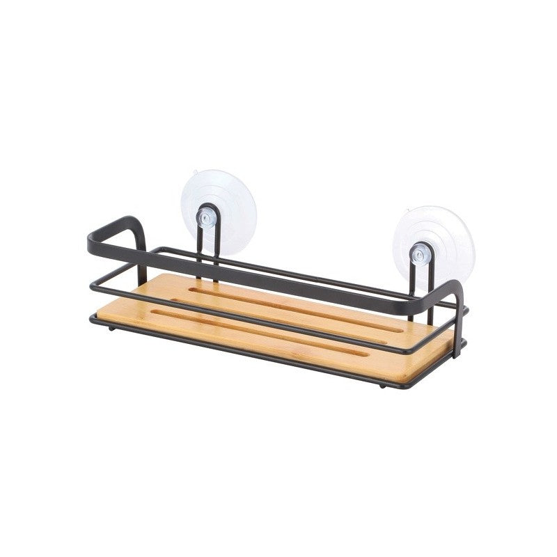 MSV Aufbewahrungsbox (Bad) – 25,5×12 cm, Bambus/Edelstahl, Saugnapf, Braun/Schwarz matt
