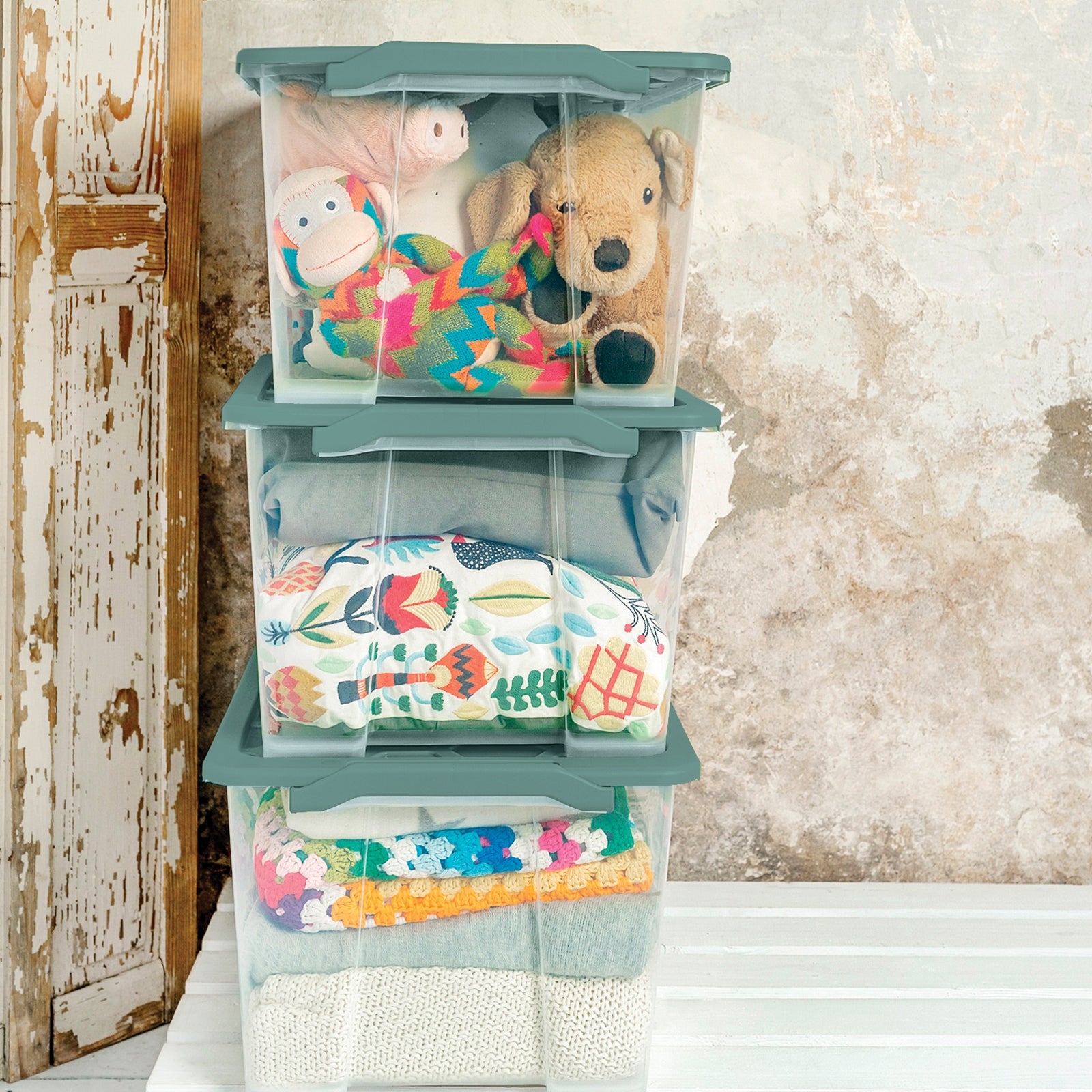 Rotho Aufbewahrungsbox – Kunststoff, transparent/grün, 59 × 28 × 39,5 cm