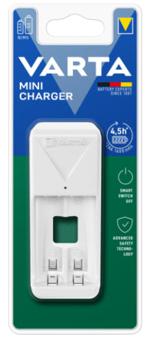 Varta Mini Ladegerät 56703 Batterieladegerät 2× – für AA, AAA (NiMH) – inkl. 2 Akkus – weiss