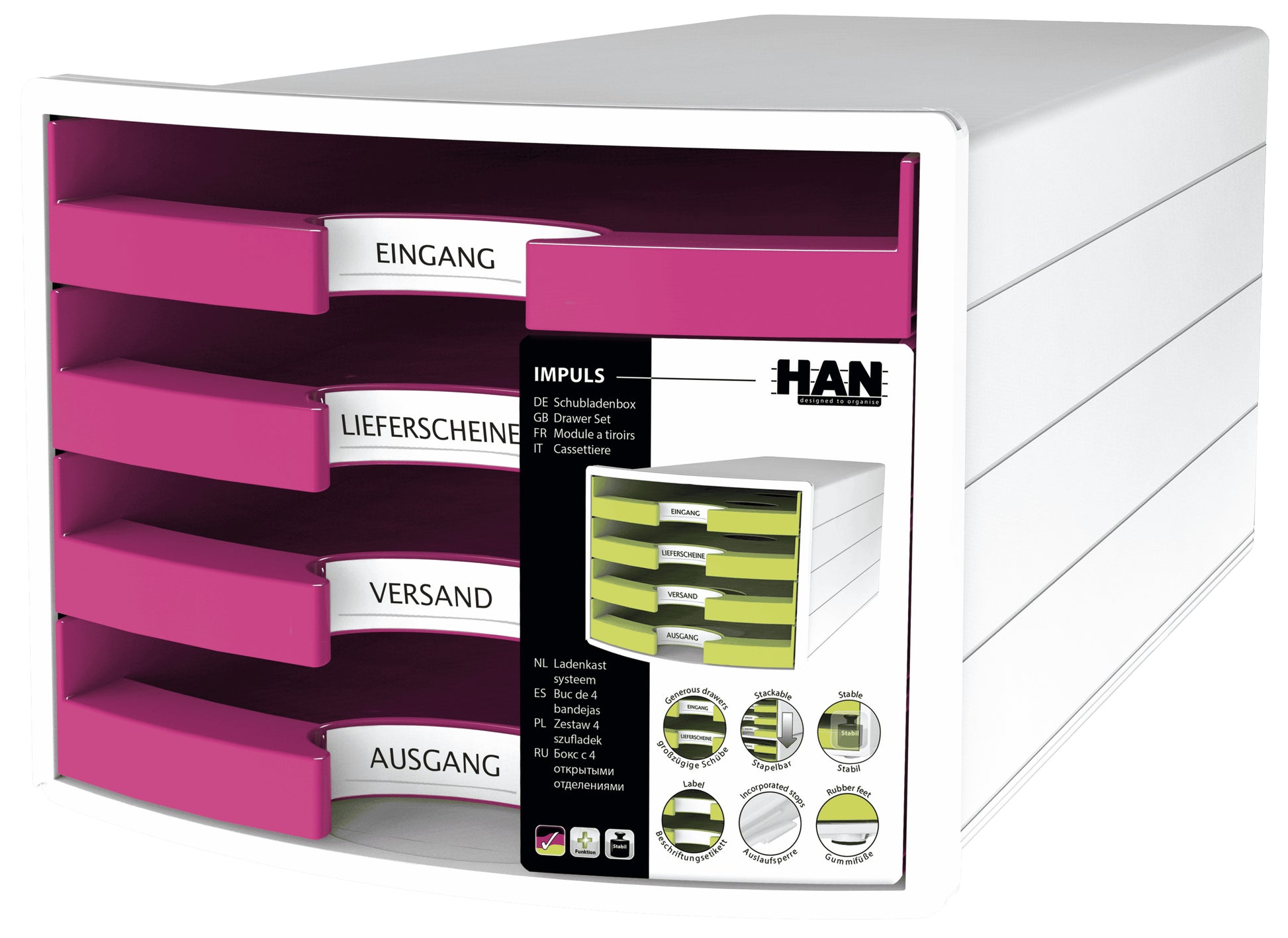 HAN Schubladenelement – 4 Schubladen, Rosa, Polypropylen (PP), B 280 × H 235 × T 367 mm