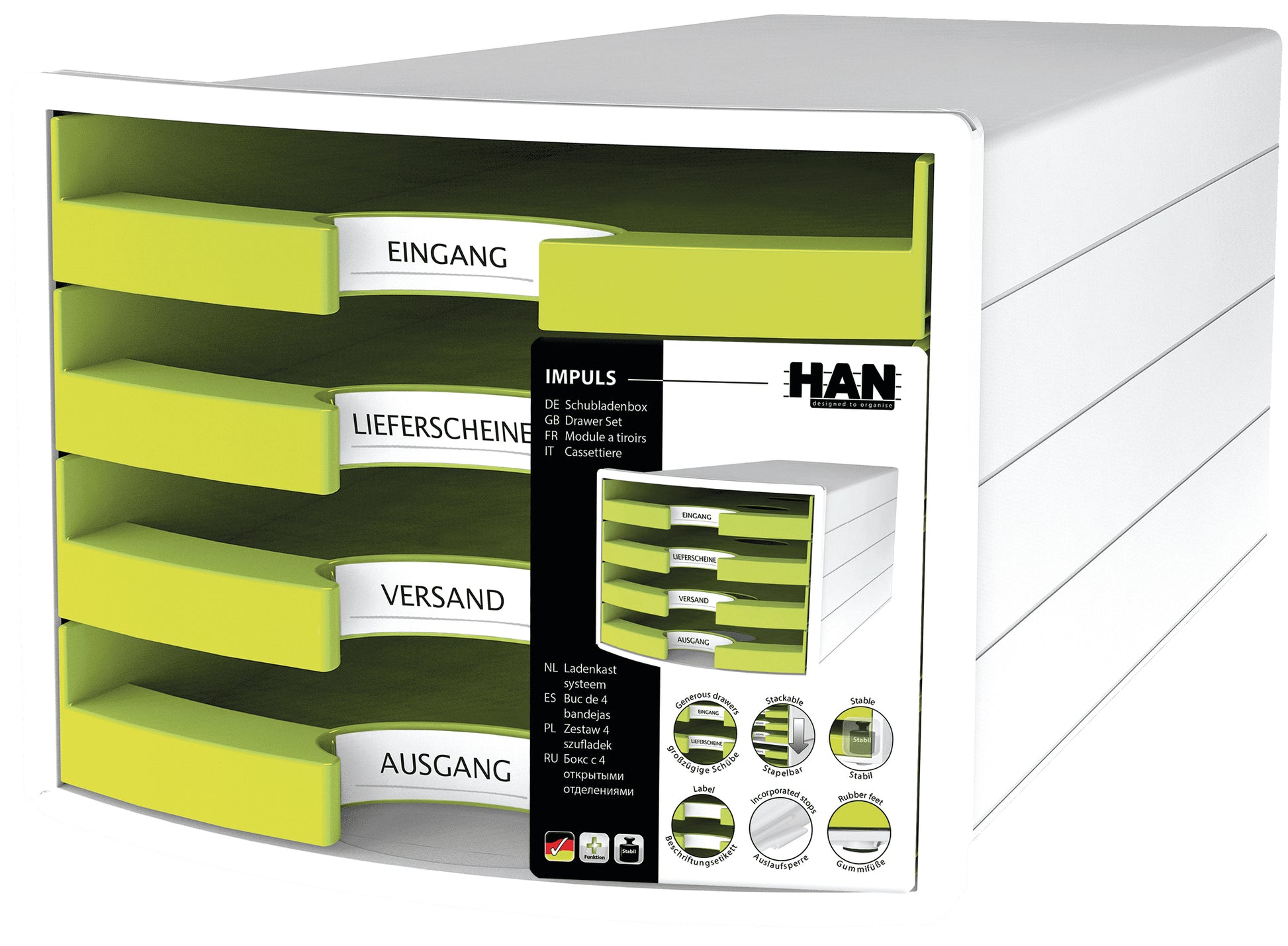 HAN Schubladenelement – 4 Schubladen, grün, Polypropylen (PP), B 280 × H 235 × T 367 mm