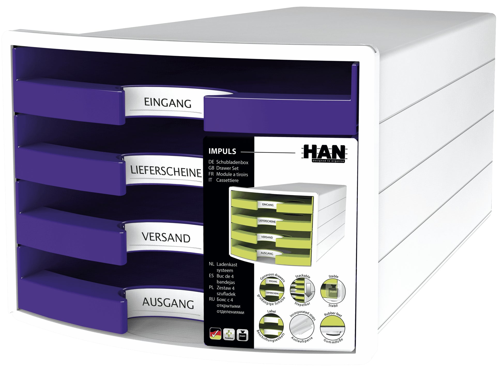 HAN Schubladenelement – 4 Schubladen, lila, Polypropylen (PP), B 280 × H 235 × T 367 mm