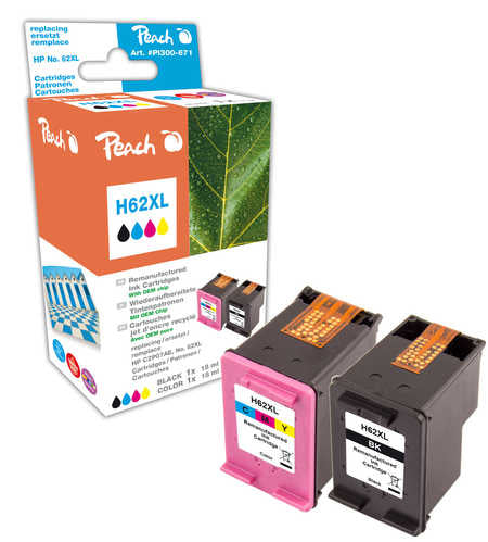 Peach Tintenpatronen-Multipack 62XL (C2P05AE/C2P07AE), XL, 2er-Pack, kompatibel – für HP Envy 5540 und andere