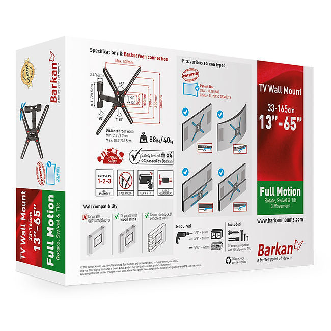 Barkan Mounting Systems Barkan BM331-SW – Wandhalterung, schwenkbar, drehbar, für 13–65", VESA 75×75–400×400, bis 40 kg, schwarz