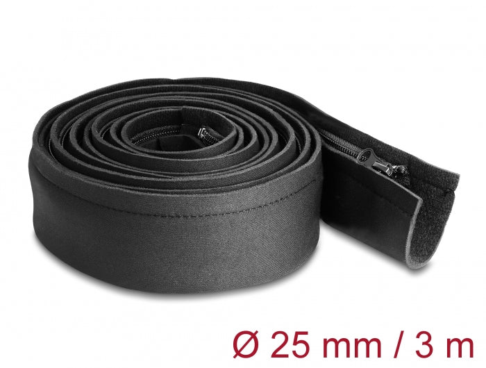 DeLOCK Kabelschlauch, Ø 25 mm × 3 m, Neopren, Reissverschluss, elastisch – schwarz