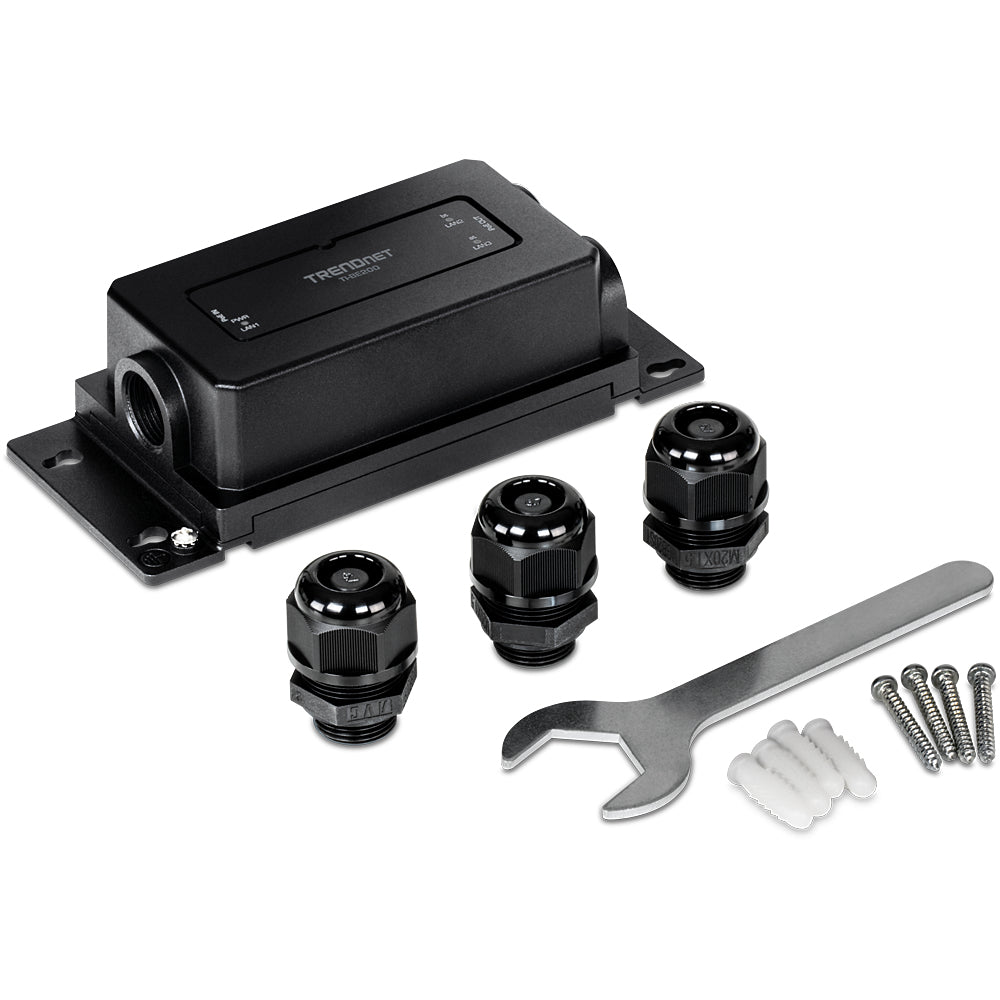 TRENDnet TI-BE200 – PoE-Extender Outdoor (IP67) – 3× RJ-45 1G (1× PoE++, 2× PoE+), PoE-Budget 60 W