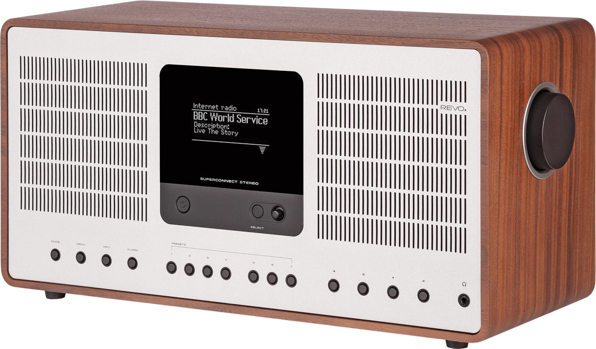 Revo Technologies Revo SuperConnect Stereo – Internetradio, DAB+/UKW, Bluetooth, WLAN – Walnuss/Silber