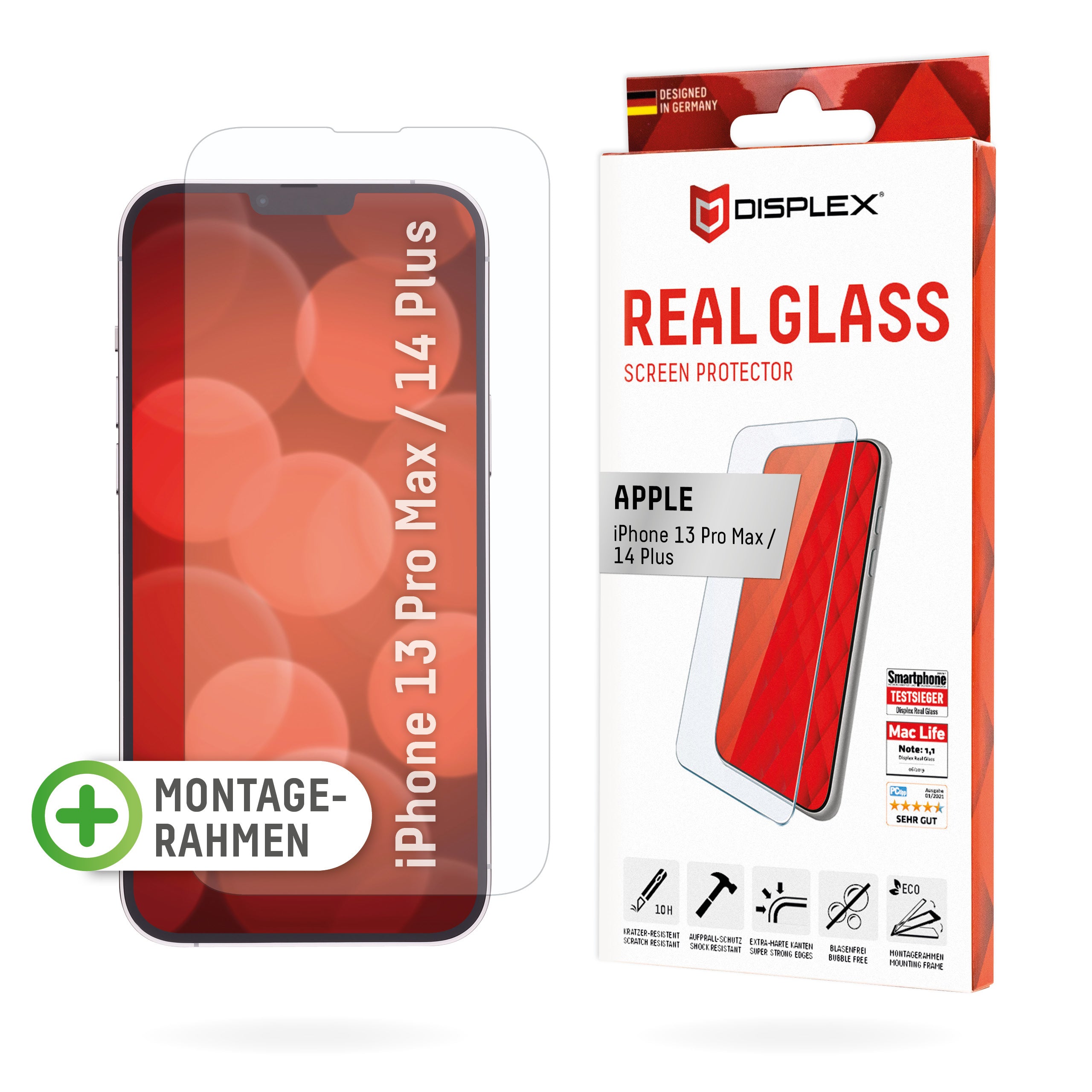 Displex Displayschutz (Panzerglas), Hüllenfreundlich – für iPhone 13 Pro Max/iPhone 14 Plus – mit Applikator