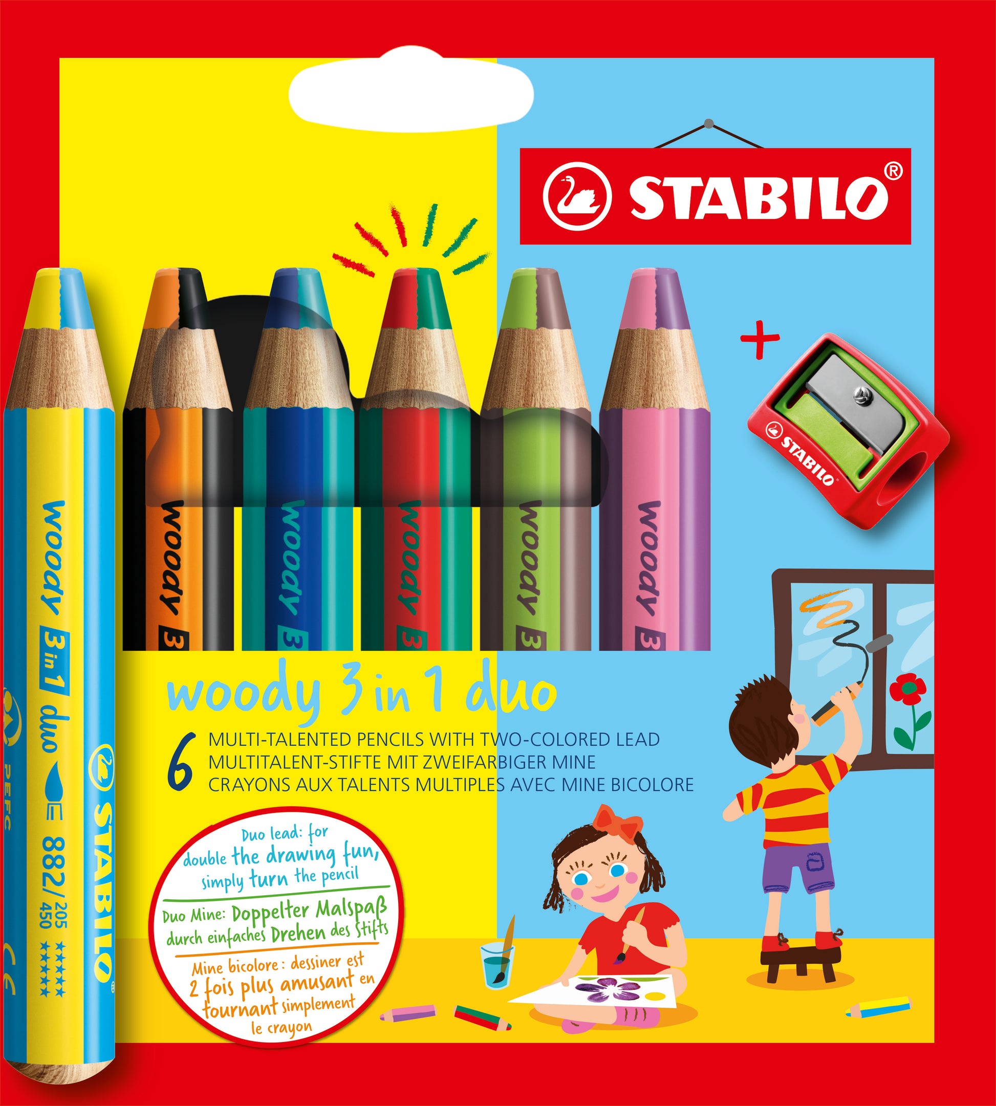STABILO 3-in-1 Farbstifte woody – 6 Duo-Farben, mit Spitzer, Ø 4,2 mm, PEFC