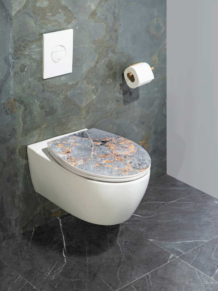 WENKO WC-Sitz – Duroplast, grau, gold, verlängert, Soft-Close, mit Deckel, 38 × 44,5 cm