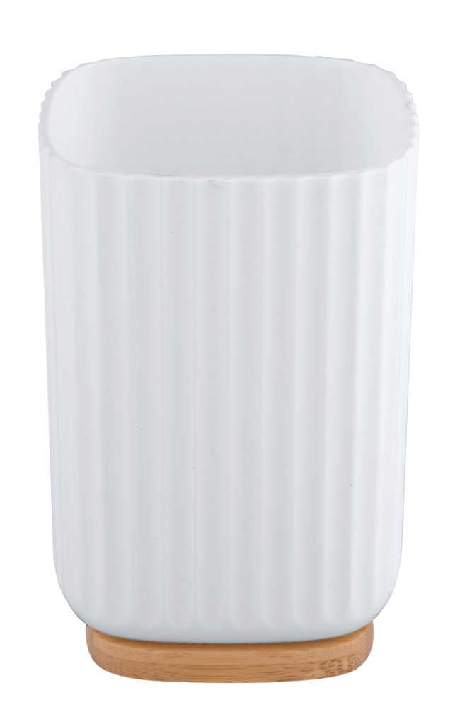 WENKO Zahnbürstenhalter (freistehend) – Bambus/Kunststoff, 8,6×8,6×11,1 cm, Weiss/Holz