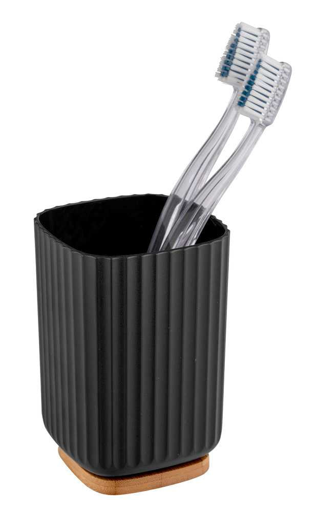 WENKO Zahnbürstenhalter Rotello – 8,6×8,6×11,1 cm, Bambus/Kunststoff, Schwarz/Holz