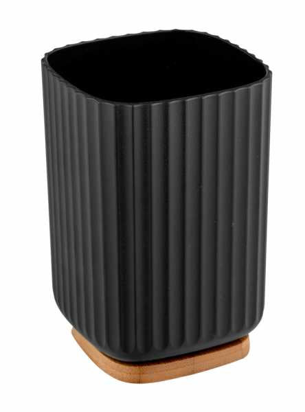 WENKO Zahnbürstenhalter Rotello – 8,6×8,6×11,1 cm, Bambus/Kunststoff, Schwarz/Holz
