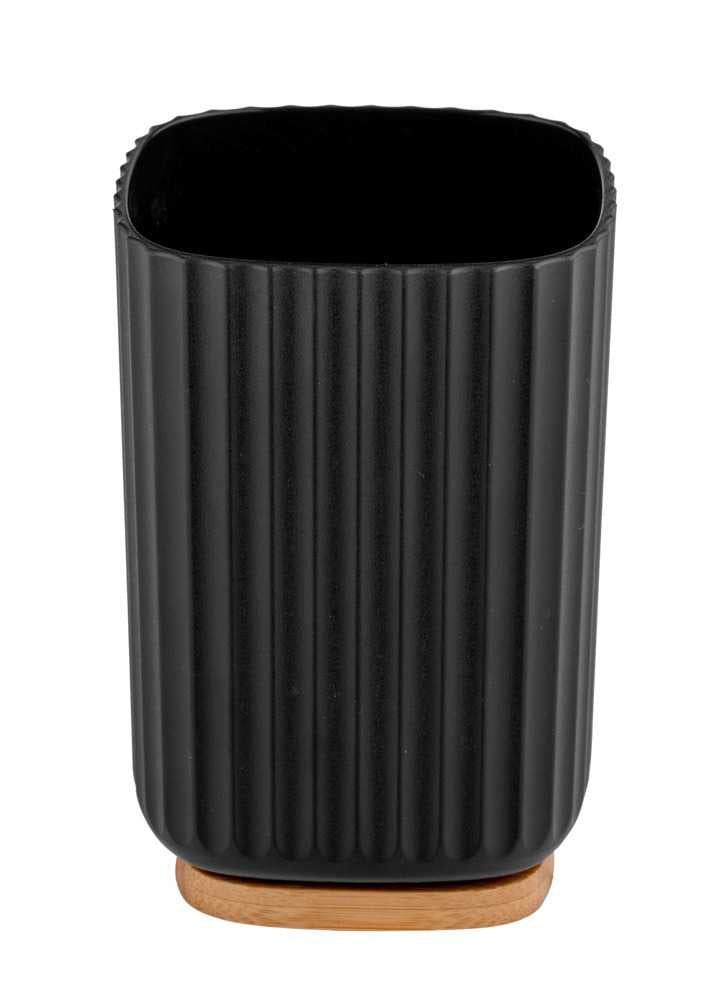 WENKO Zahnbürstenhalter Rotello – 8,6×8,6×11,1 cm, Bambus/Kunststoff, Schwarz/Holz
