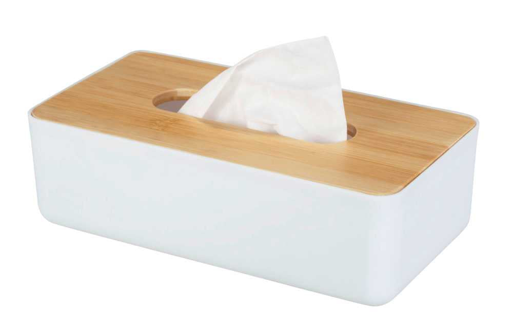 WENKO Kosmetiktuchbox Rotello – Tisch, Bambus/Kunststoff, 24×7,5 cm, Weiss/Natur